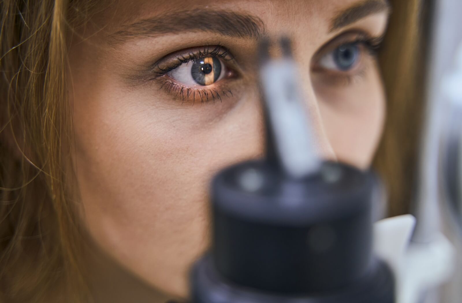 A close up of a woman receiving an eye exam to look for potential diseases