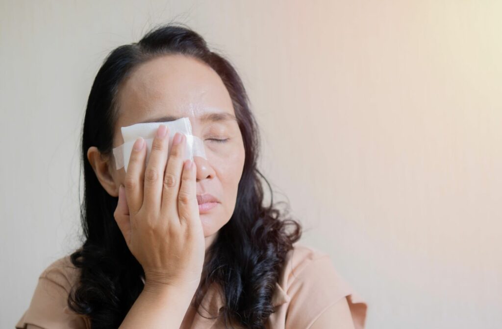 A patient covers their right eye with gauze due to an eye injury.