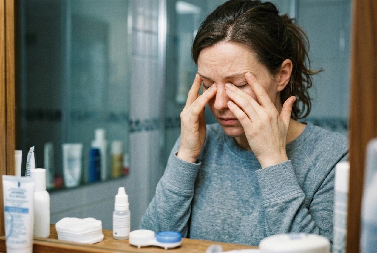 A woman rubbing her closed eyes with both hands in a bathroom, with a contact lens case, eye drops, and cotton pads on the counter before her.