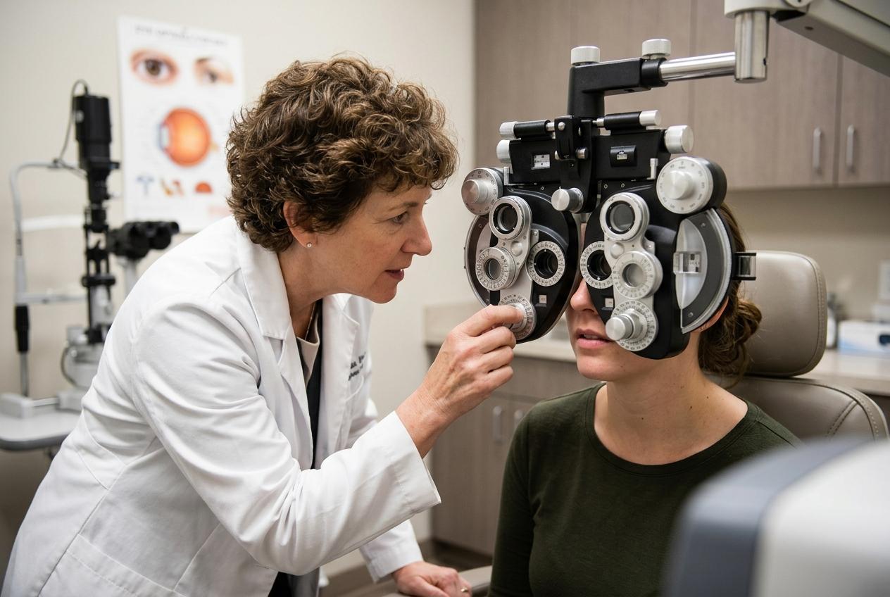 Optometrist adjusting a phoropter during an eye exam with a young female patient seated in an exam chair.
