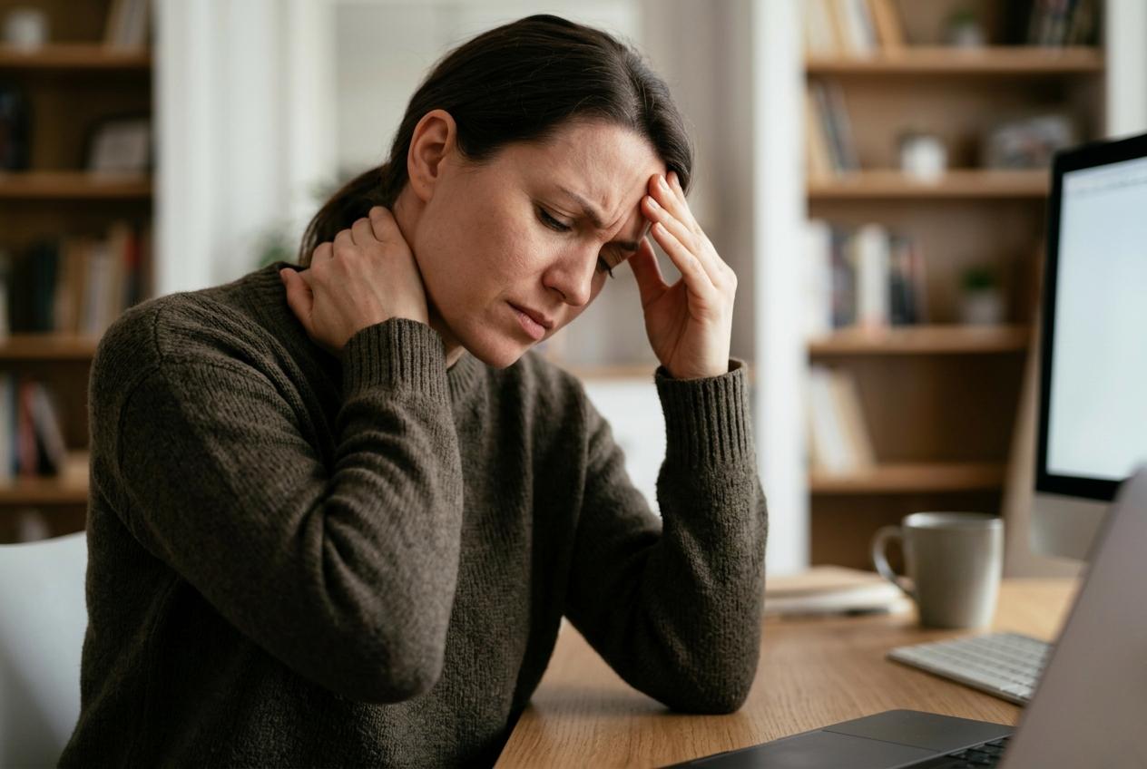 A woman sits at a desk with a laptop, pressing her temple and gripping her neck, looking pained and stressed.