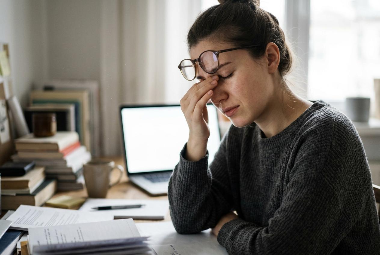 Woman sitting at a cluttered desk with a laptop, eyes closed, pinching the bridge of her nose with glasses pushed up, looking strained.