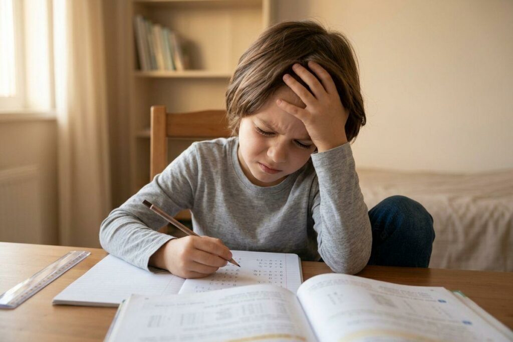 Frustrated child writing in a notebook at a table, hand on head, with an open book and ruler nearby.