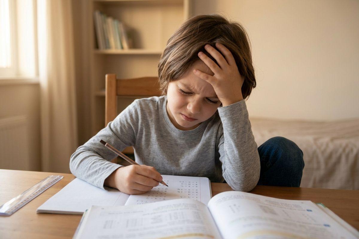 Frustrated child writing in a notebook at a table, hand on head, with an open book and ruler nearby.