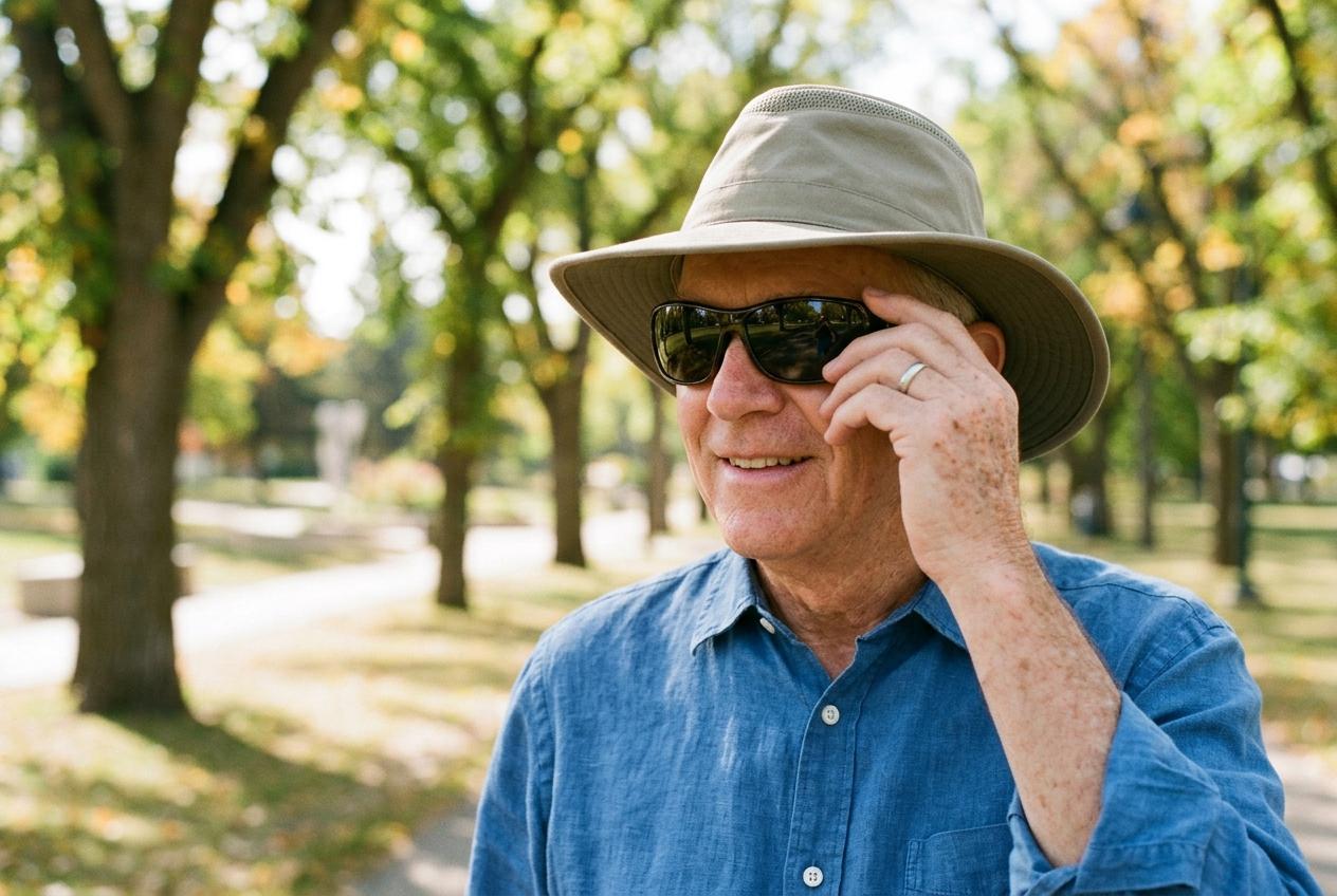 Older adult in sun hat and sunglasses, smiling, in a tree-lined park.