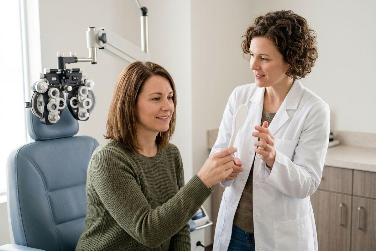 Optometrist holding an occluder beside a patient seated at a phoropter in an eye exam room, both smiling.
