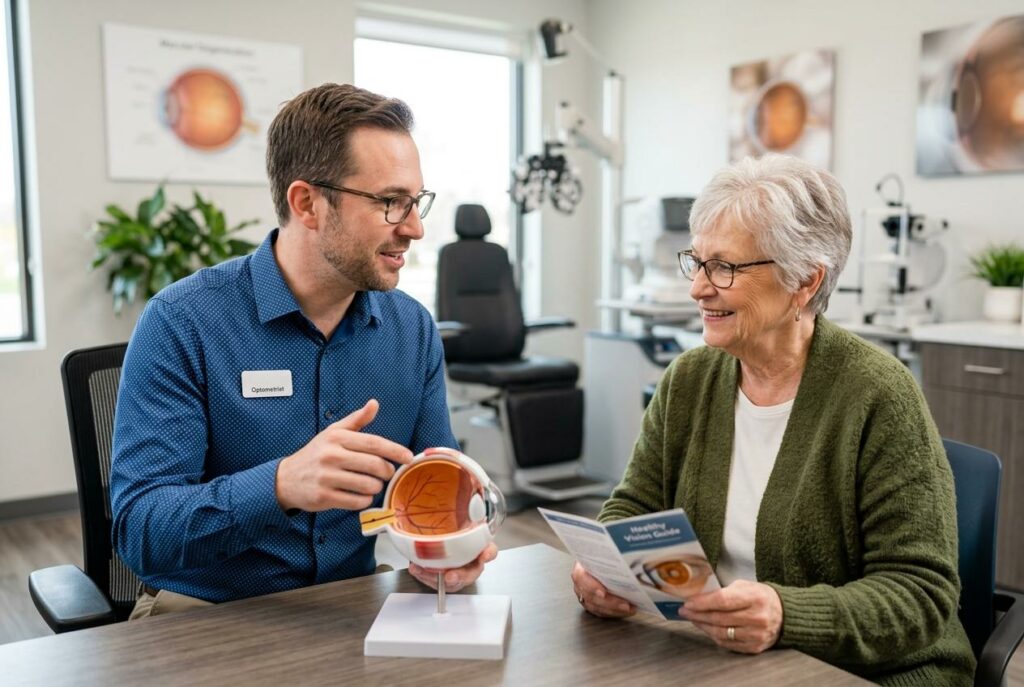 Optometrist points to an eye model while talking to a smiling older patient holding a vision guide booklet in an exam room.